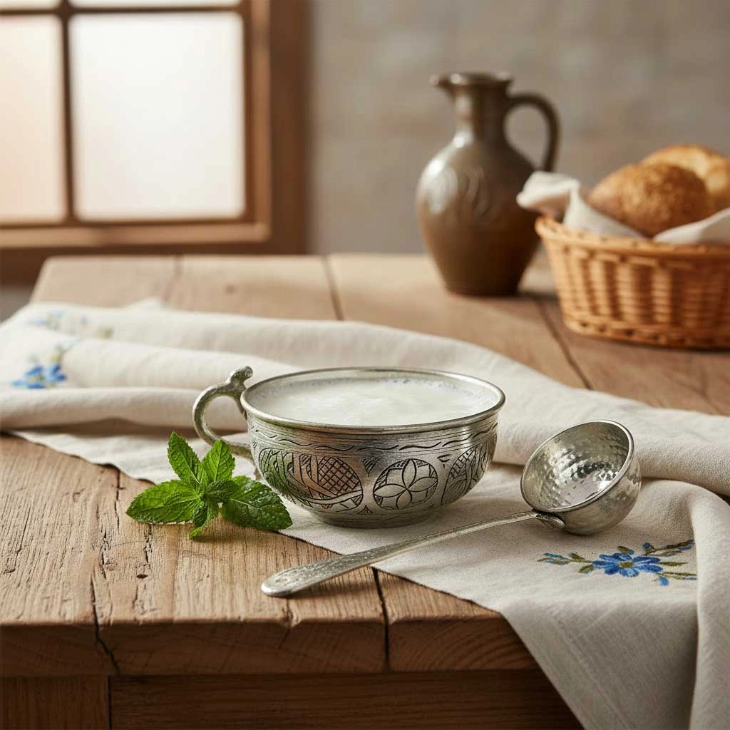 İşlemeli Kalaylı Bakır Ayran Tası - Çomçalı