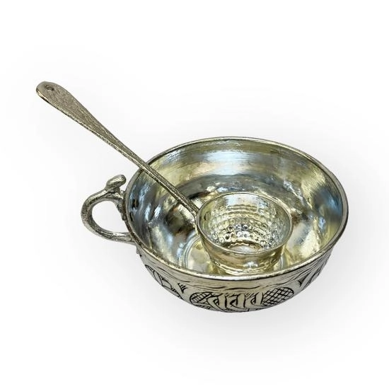 İşlemeli Kalaylı Bakır Ayran Tası - Çomçalı
