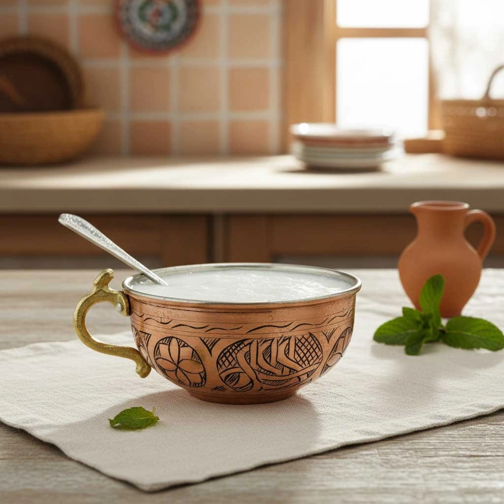 İşlemeli Skoçlu Bakır Ayran Tası - Çomçalı