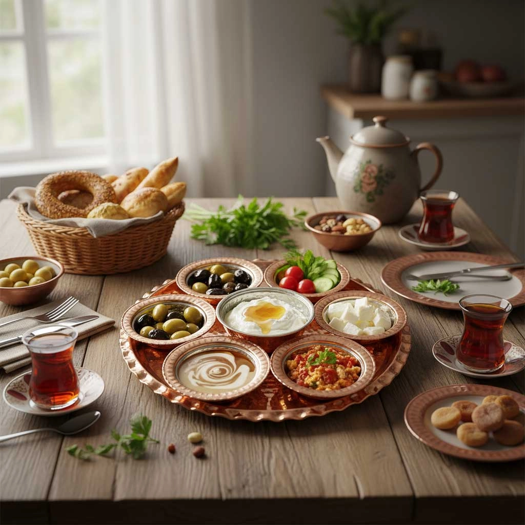 Bakır Kahvaltı ve Meze Takımı Tepsili Set