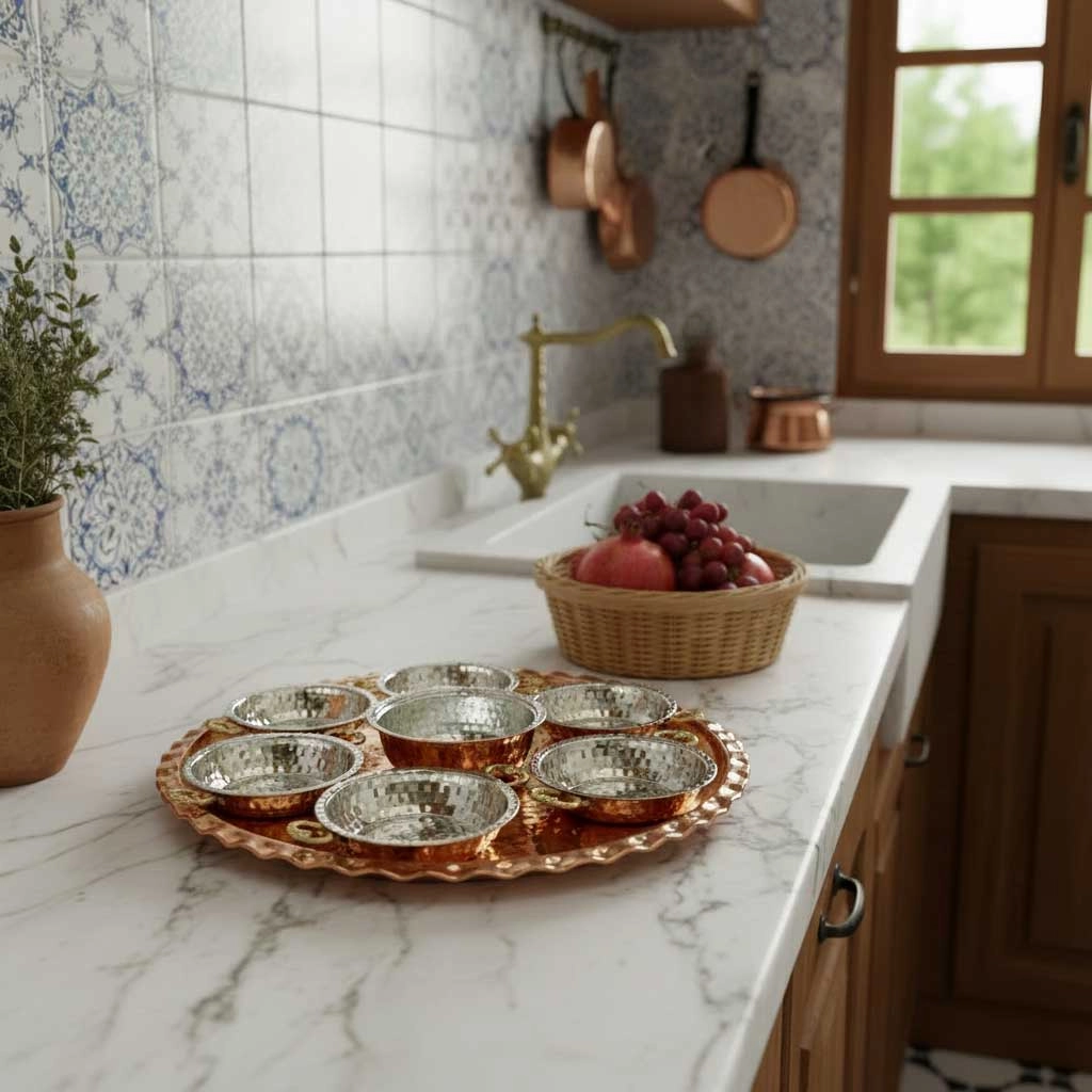 Bakır Mini Kahvaltı Takımı Tepsili Set