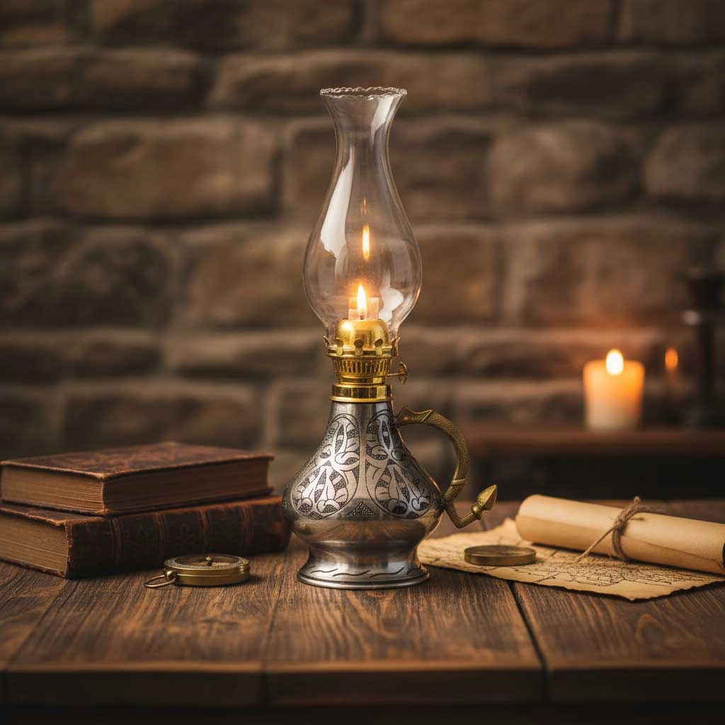İşlemeli Bakır Gaz Lambası Büyük Boy, G10084