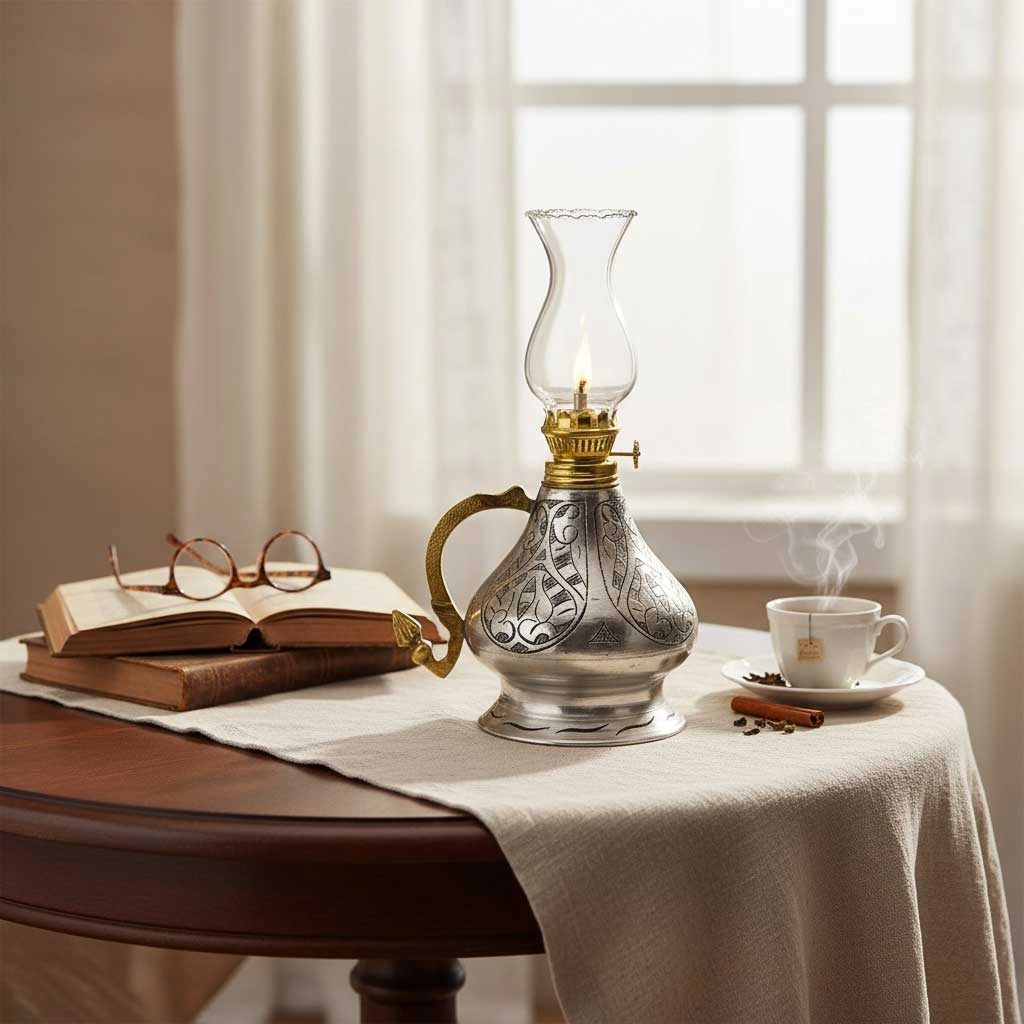 İşlemeli Bakır Gaz Lambası Küçük Boy, G10134