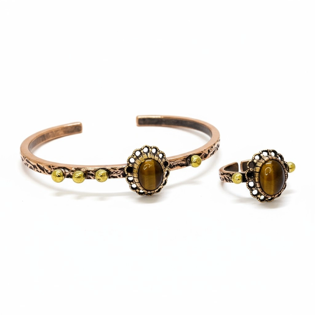 Kaplan Gözü Taşlı Bakır Bileklik ve Yüzük
