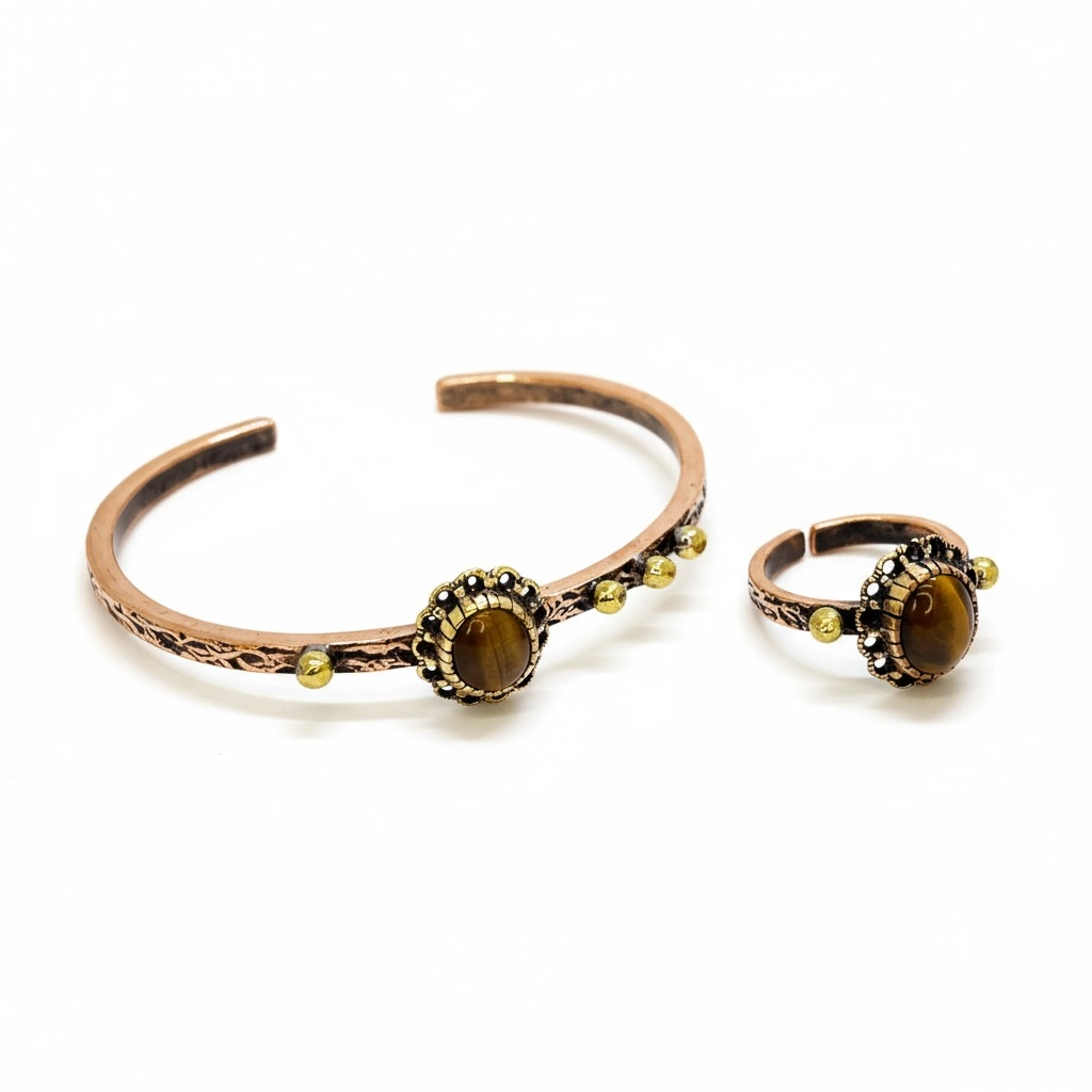 Kaplan Gözü Taşlı Bakır Bileklik ve Yüzük