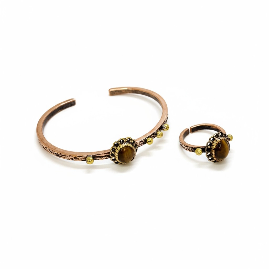 Kaplan Gözü Taşlı Bakır Bileklik ve Yüzük
