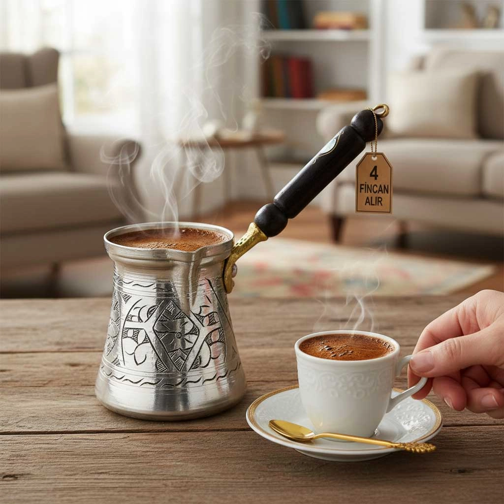 Paşa İşlemeli 4 Kişilik Kalaylı Bakır Cezve