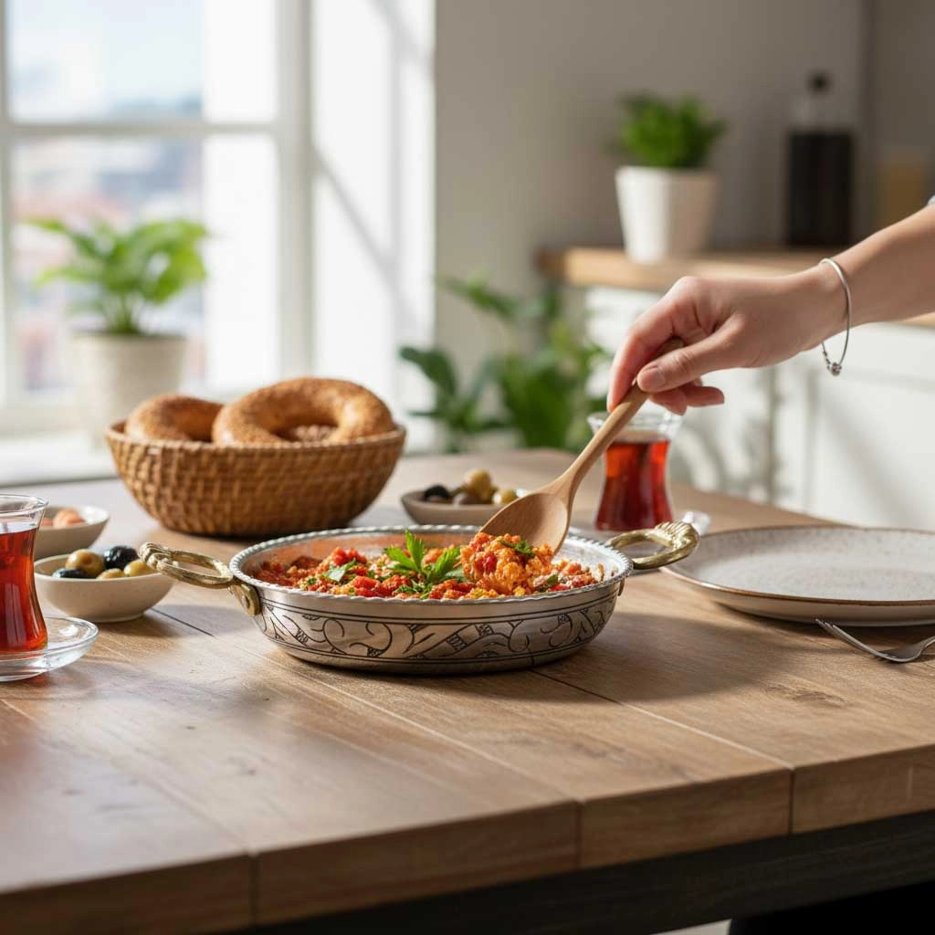 Bakır İşlemeli Kalay Eskitme Tava 19 cm