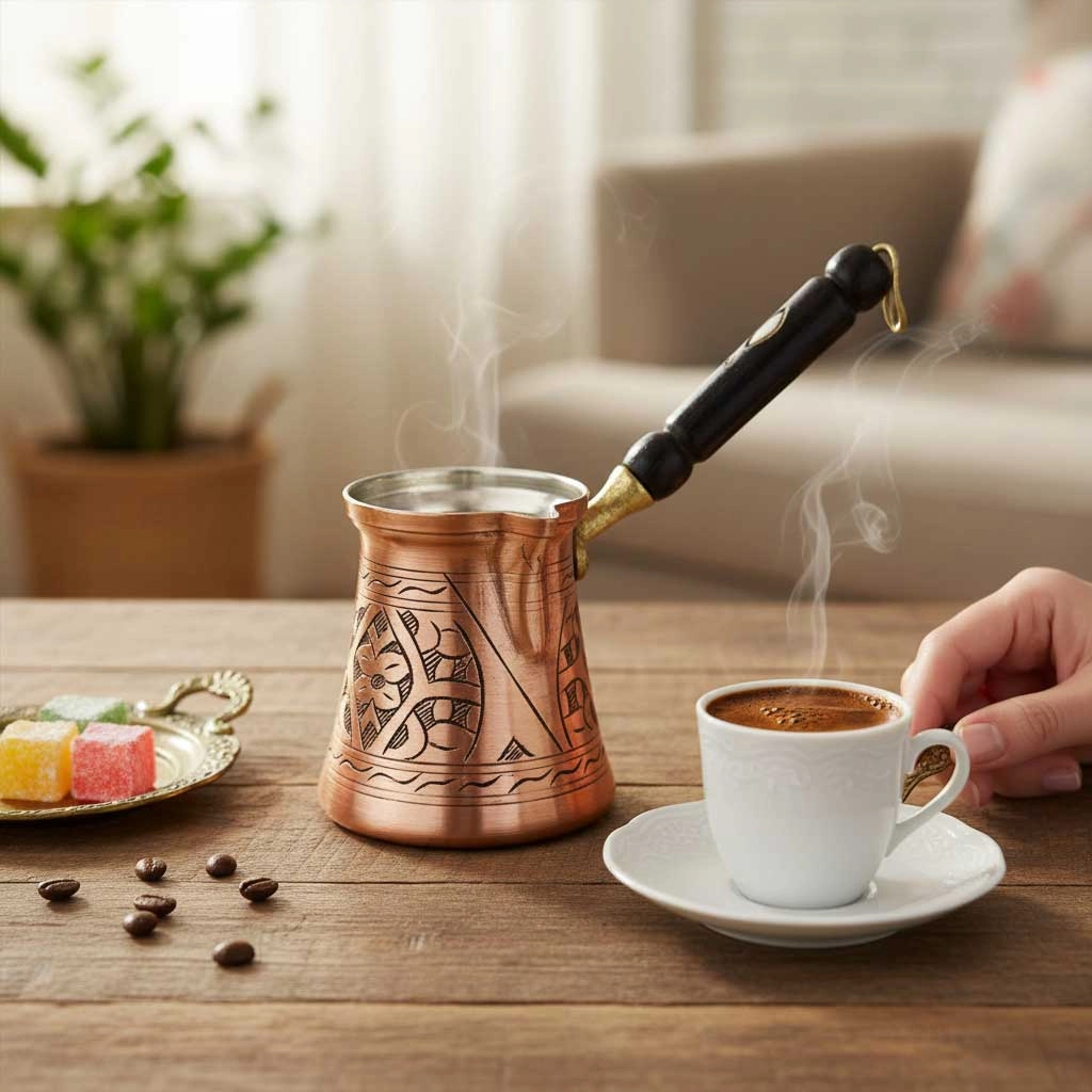 Paşa İşlemeli 3 Kişilik Skoçlu Bakır Cezve
