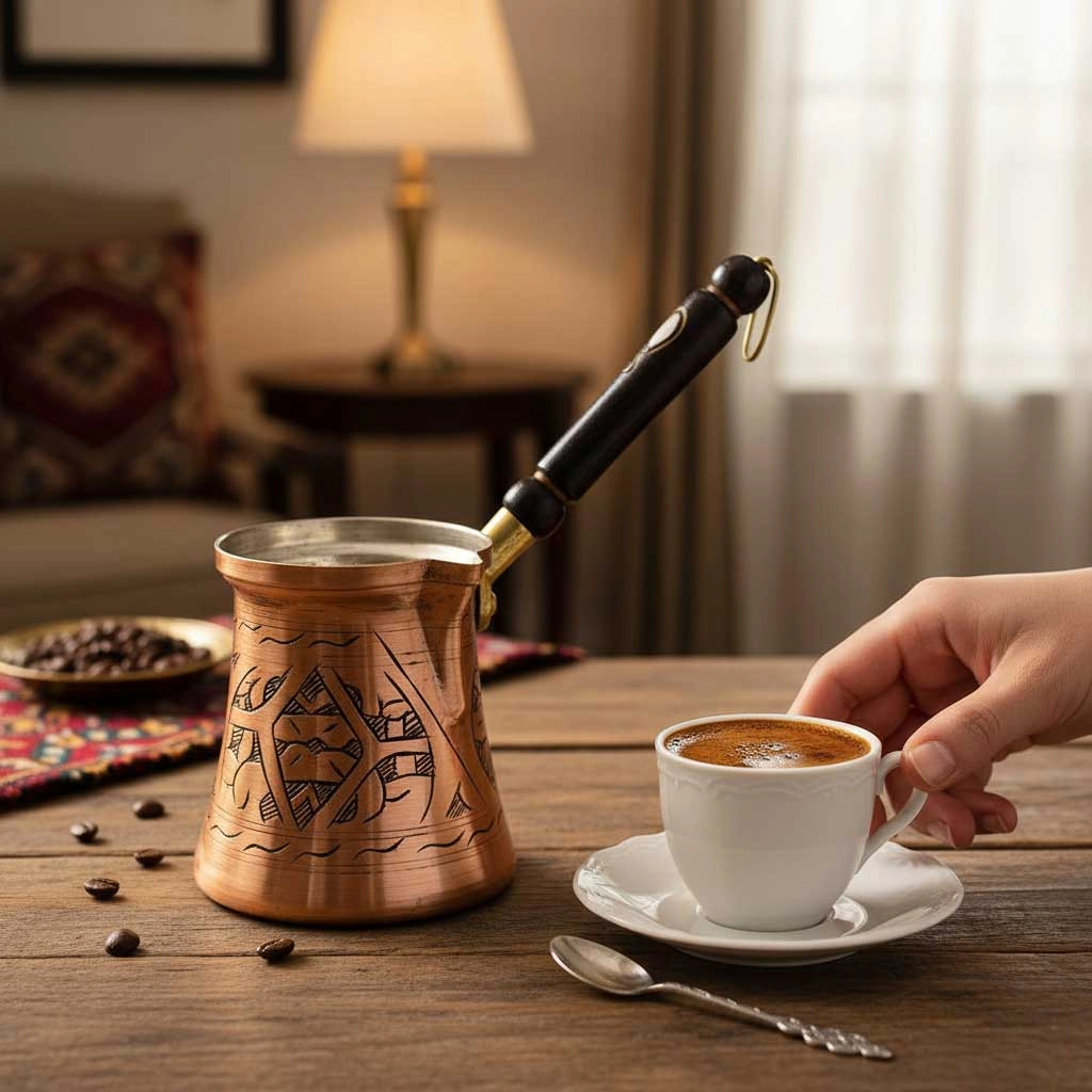 Paşa İşlemeli 6 Kişilik Skoçlu Bakır Cezve
