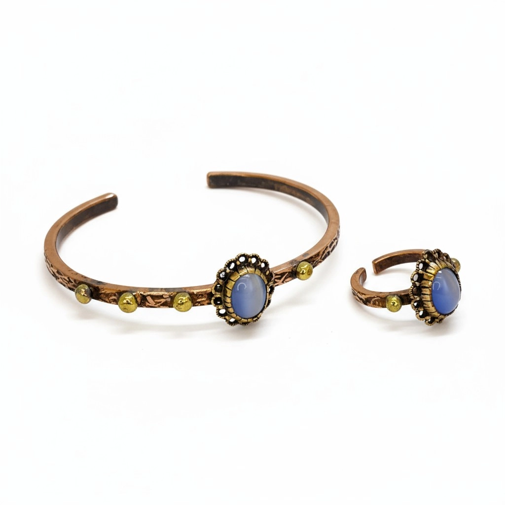Mavi Taşlı Kirpikli Bakır Bileklik ve Yüzük