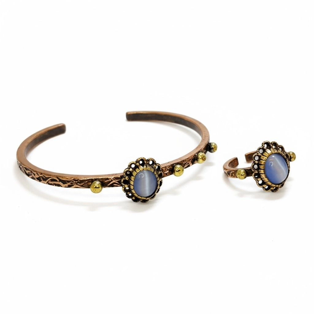Mavi Taşlı Kirpikli Bakır Bileklik ve Yüzük