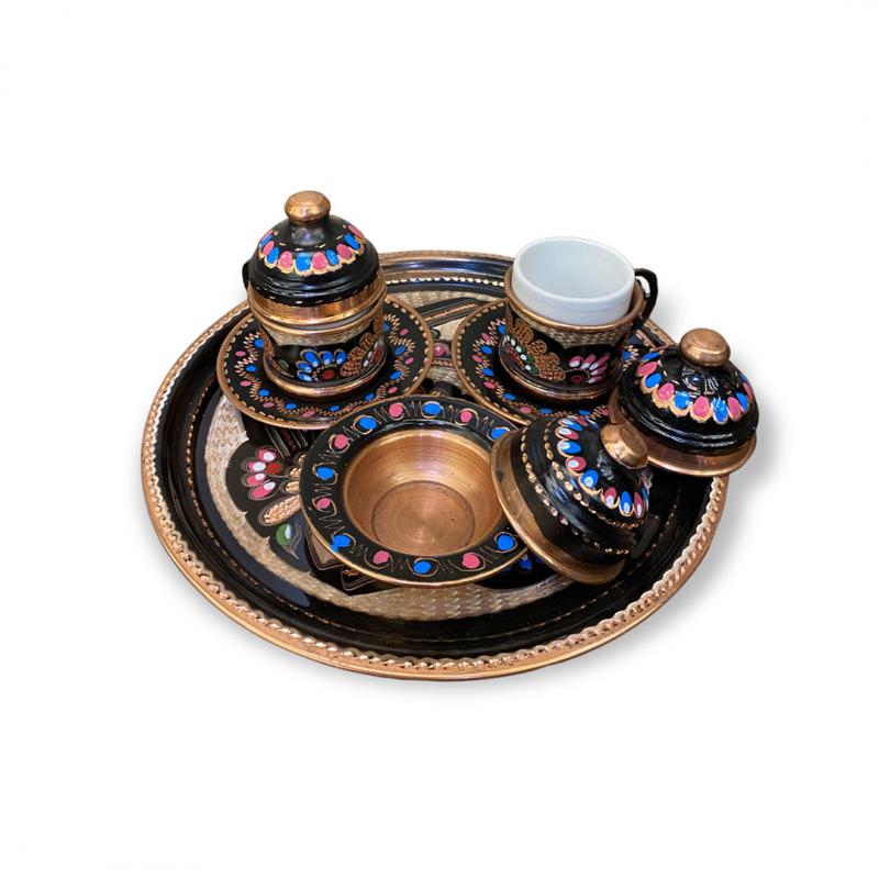 Mine İşlemeli Renkli 2 Kişilik Bakır Kahve Seti