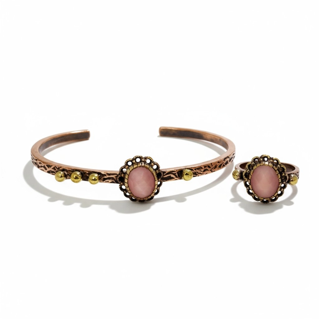 Pembe Kedi Gözü Taşlı Bakır Bileklik ve Yüzük