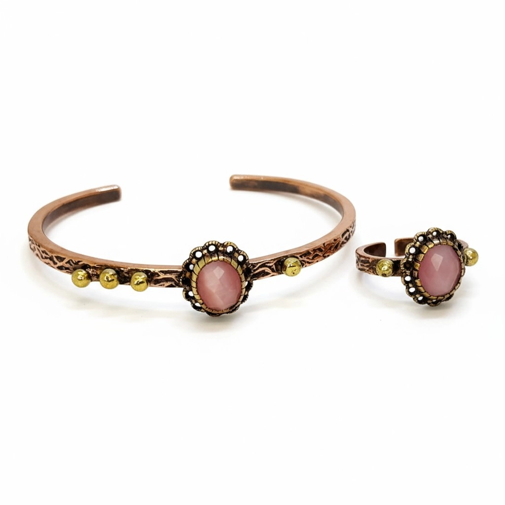 Pembe Kedi Gözü Taşlı Bakır Bileklik ve Yüzük