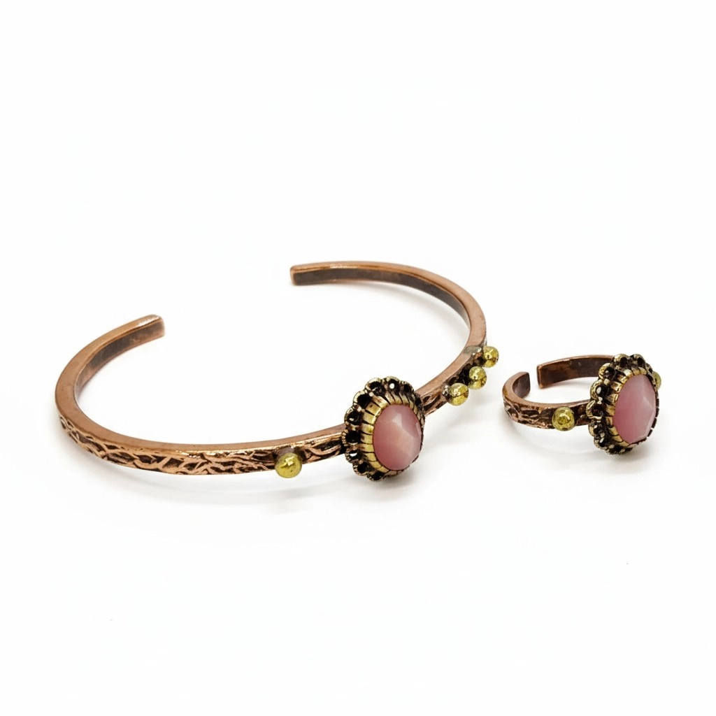 Pembe Kedi Gözü Taşlı Bakır Bileklik ve Yüzük