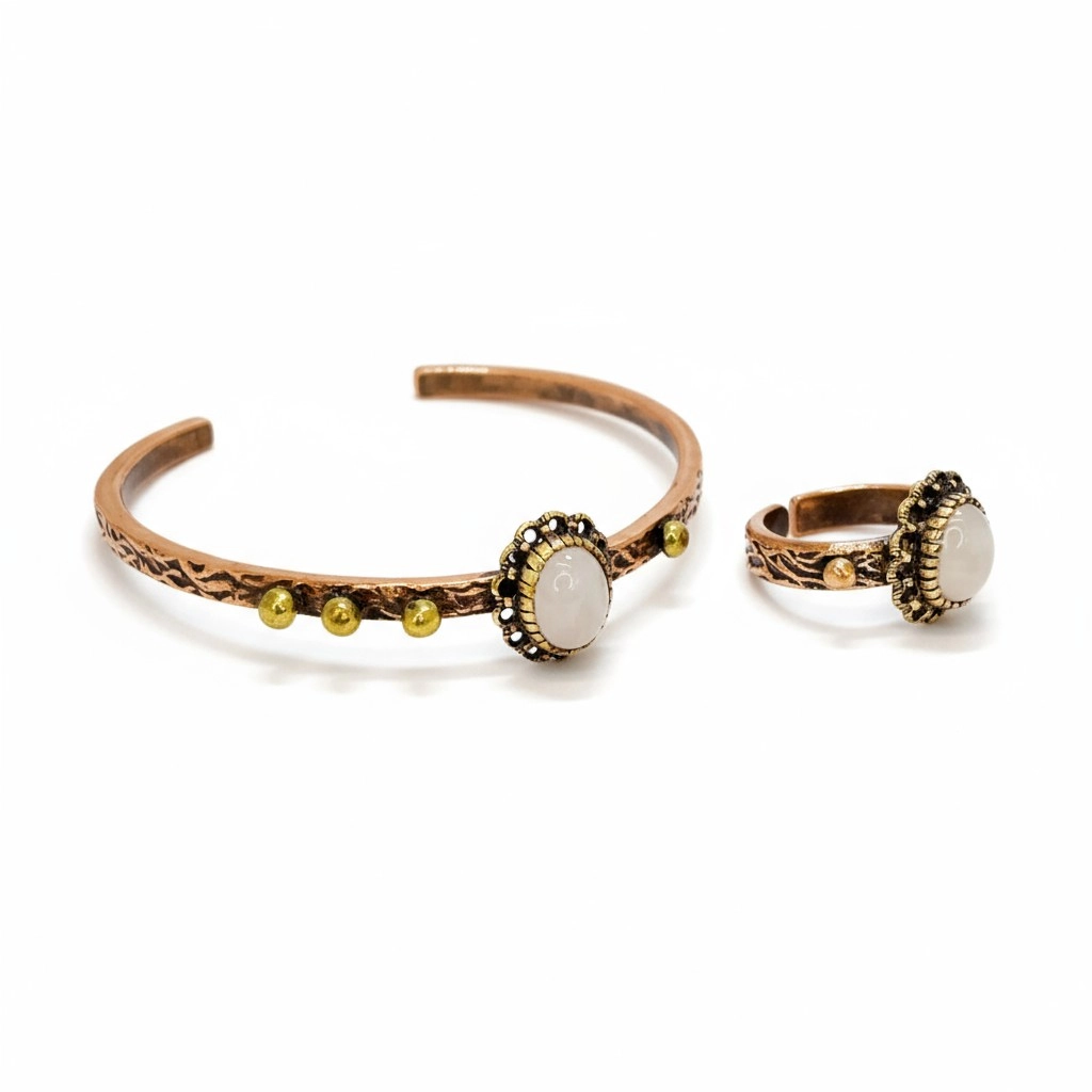 Pembe Kuvars Taşlı Bakır Bileklik ve Yüzük