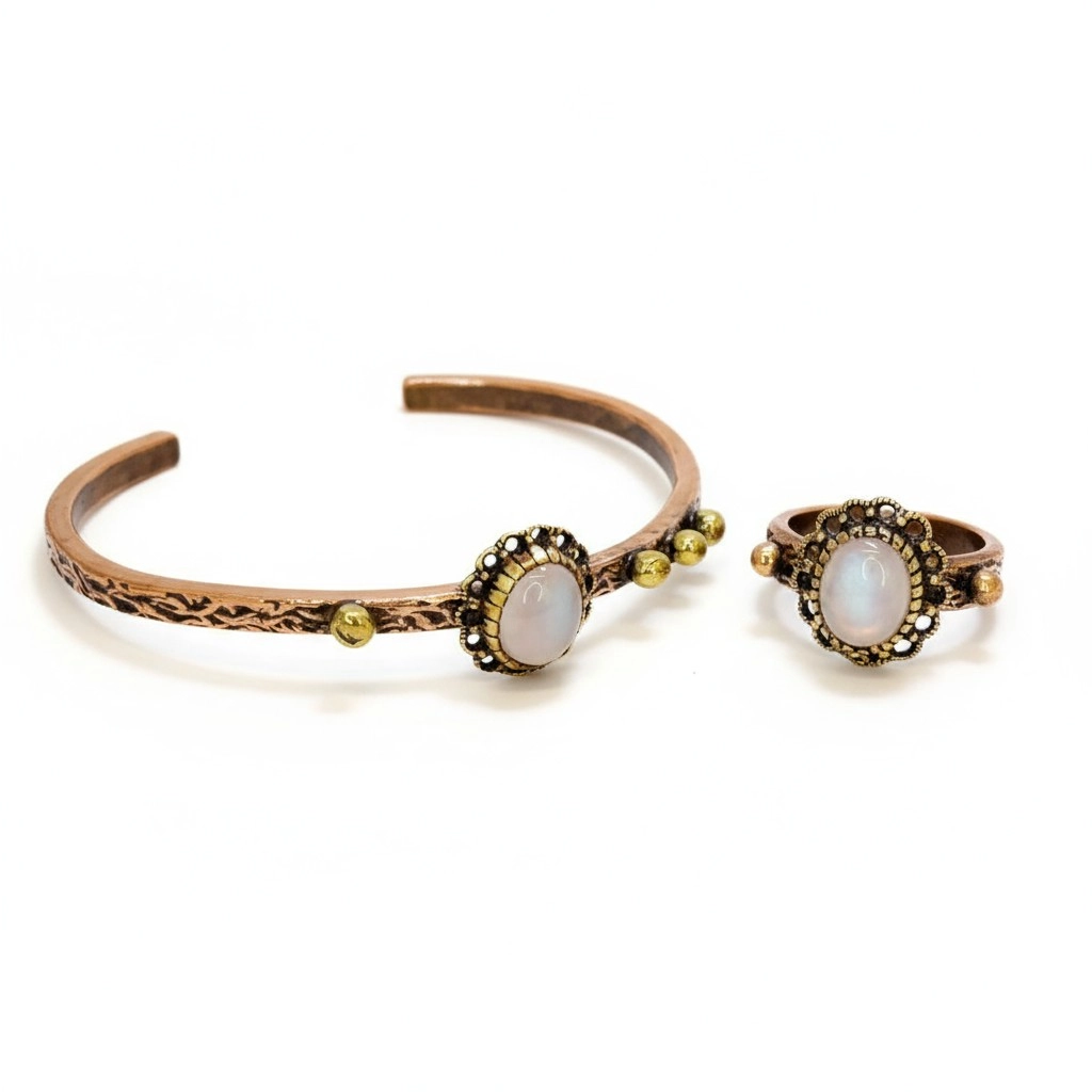 Pembe Kuvars Taşlı Bakır Bileklik ve Yüzük