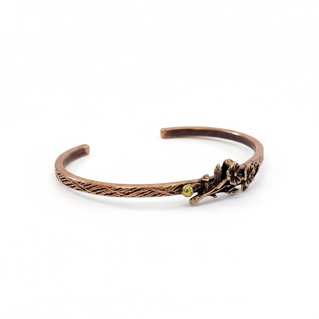 Pirinç Çiçek Detaylı Ağaç Kabuğu Bakır Bileklik