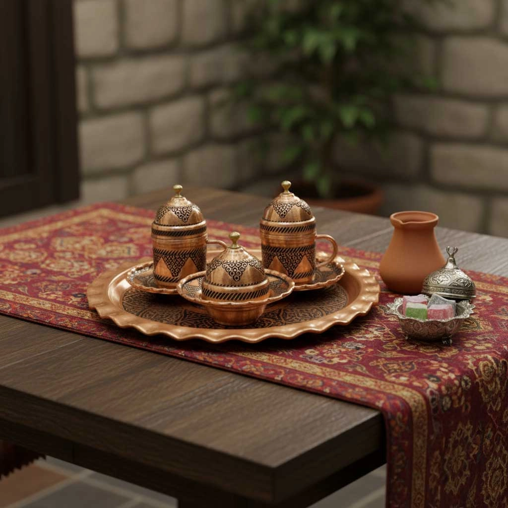İki Kişilik Salkım Desenli Bakır Kahve Seti