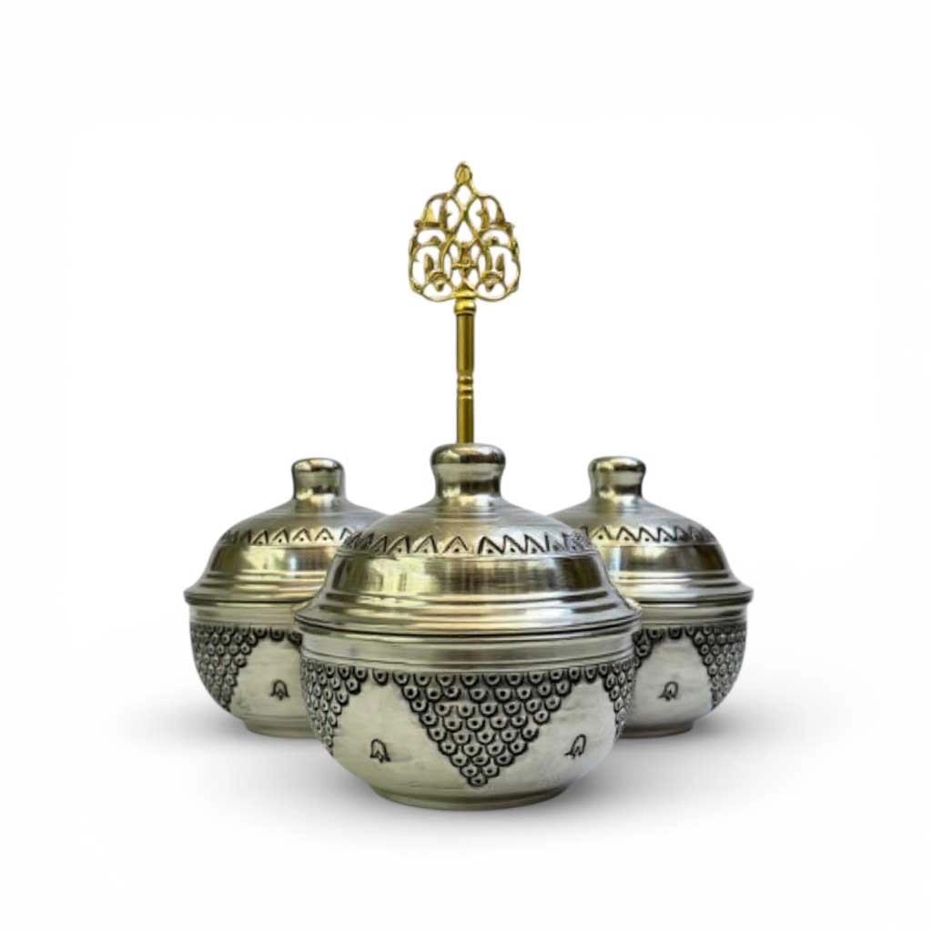 Salkım Desen Kalaylı 3’lü Bakır Baharatlık ve İkramlık