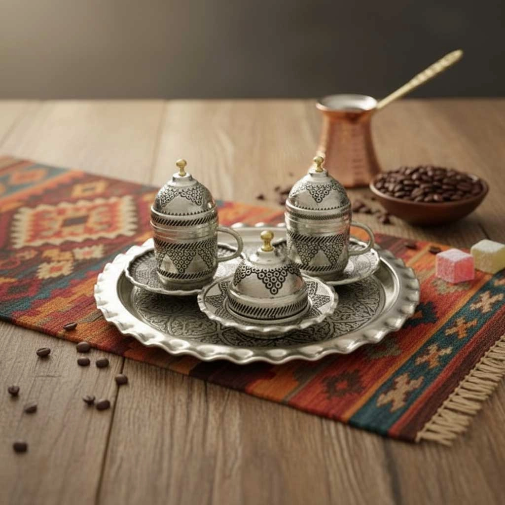 İki Kişilik Salkım Desenli Bakır Kahve Seti
