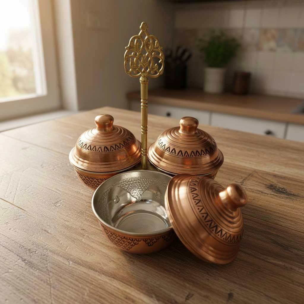 Salkım Desen Skoçlu 3’lü Bakır Baharatlık ve İkramlık