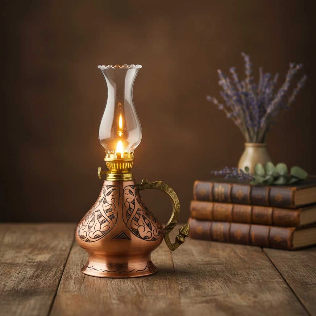 İşlemeli Bakır Gaz Lambası Küçük Boy, G10135
