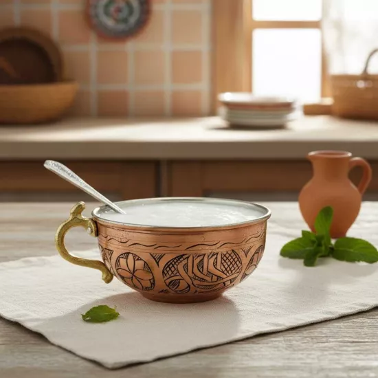 İşlemeli Bakır Ayran Tası - Çomçalı (EFMR-1107-5)