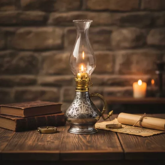 Büyük Boy İşlemeli Bakır Gaz Lambası, Kalay Eskitme Gaz Lambası (EFMR-1008-4)