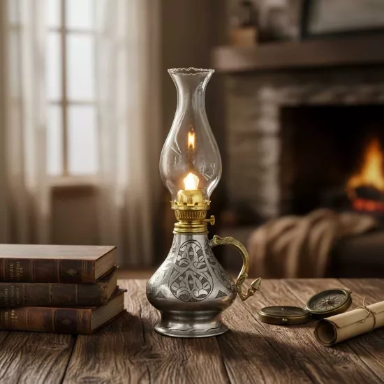 Büyük Boy İşlemeli Bakır Gaz Lambası, Kalay Eskitme Gaz Lambası (EFMR-1008-4)