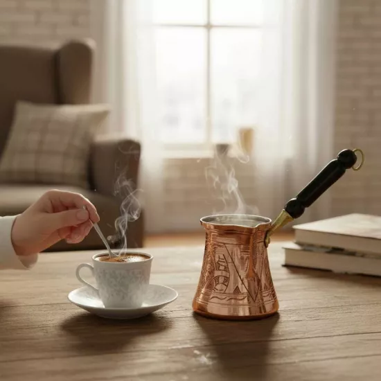 Paşa İşlemeli 4 Kişilik Bakır Cezve (EFMR-1425-14)