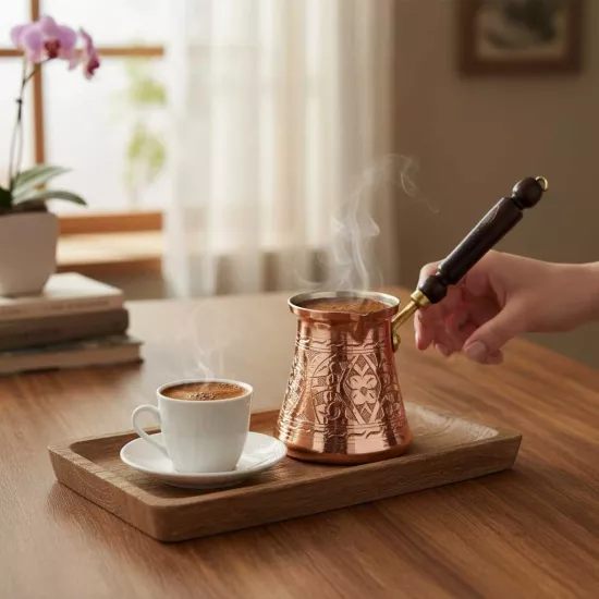 Paşa İşlemeli 6 Kişilik Bakır Cezve (EFMR-1425-16)