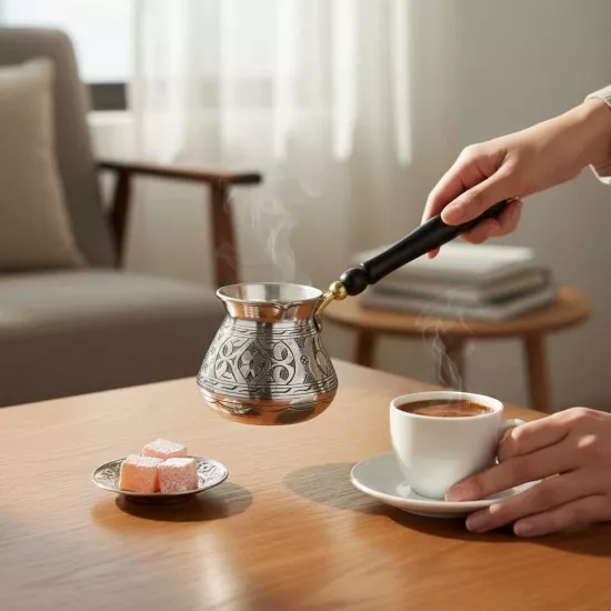 İşlemeli Bakır Tombik Cezve (7 Fincanlık) (EFMR-1417-4)