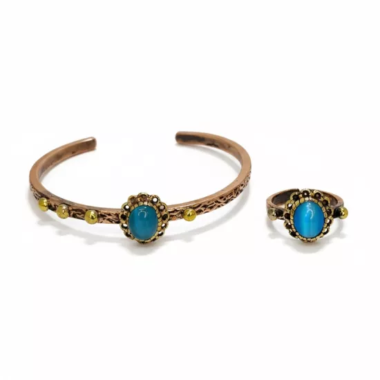 Mavi Kedi Gözü Taşlı Bakır Bileklik ve Yüzük  (EFMR-6071-3)
