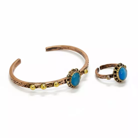 Mavi Kedi Gözü Taşlı Bakır Bileklik ve Yüzük  (EFMR-6071-3)