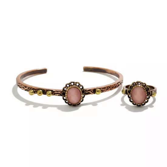Pembe Kedi Gözü Taşlı Bakır Bileklik ve Yüzük   (EFMR-6072-3)