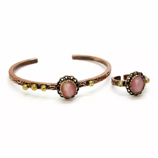 Pembe Kedi Gözü Taşlı Bakır Bileklik ve Yüzük   (EFMR-6072-3)