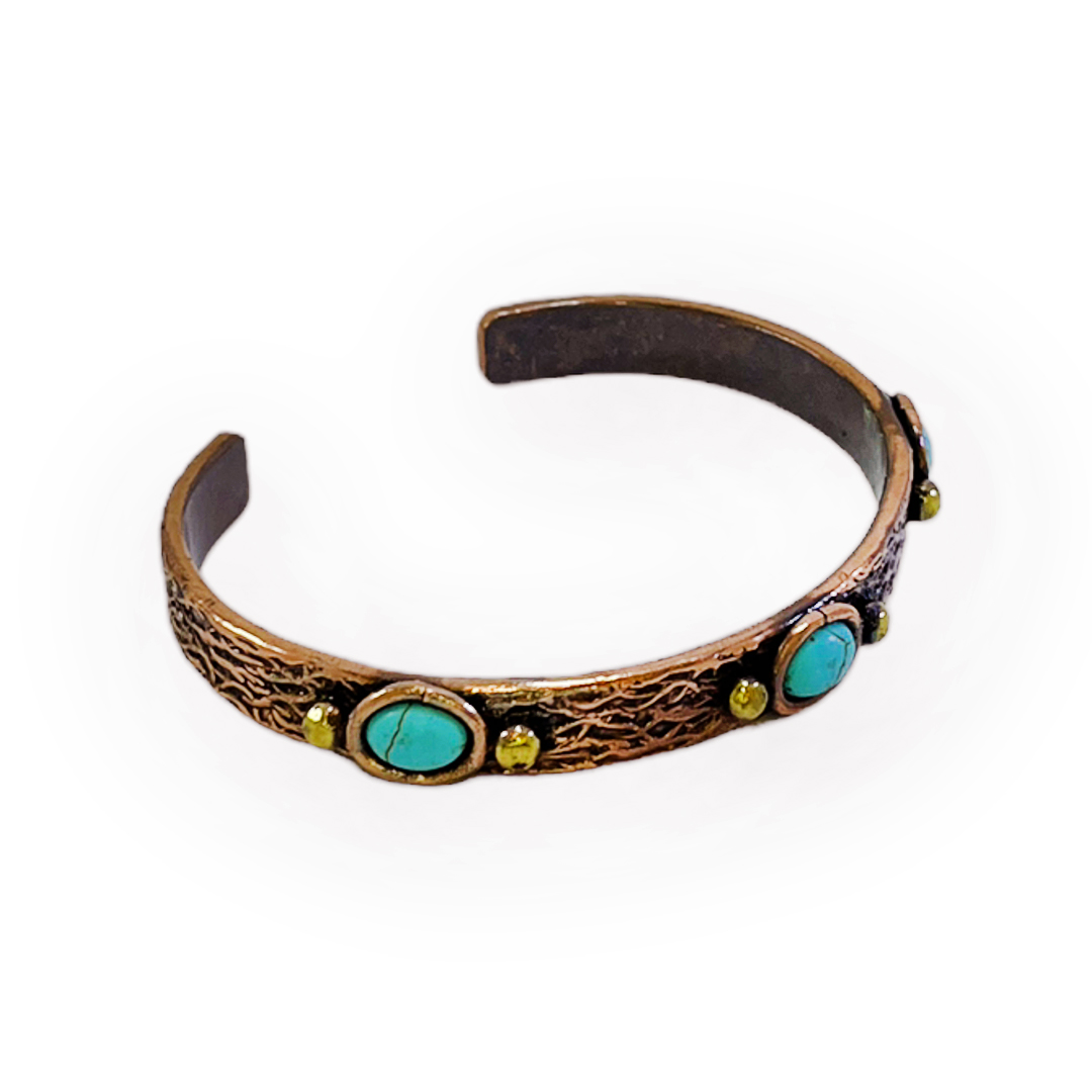 Turkuaz Doğal Taşlı Ağaç Kabuğu Bakır Bileklik, K6017