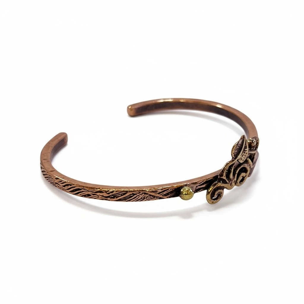Yaprak Figürlü Ağaç Kabuğu Bakır Bileklik