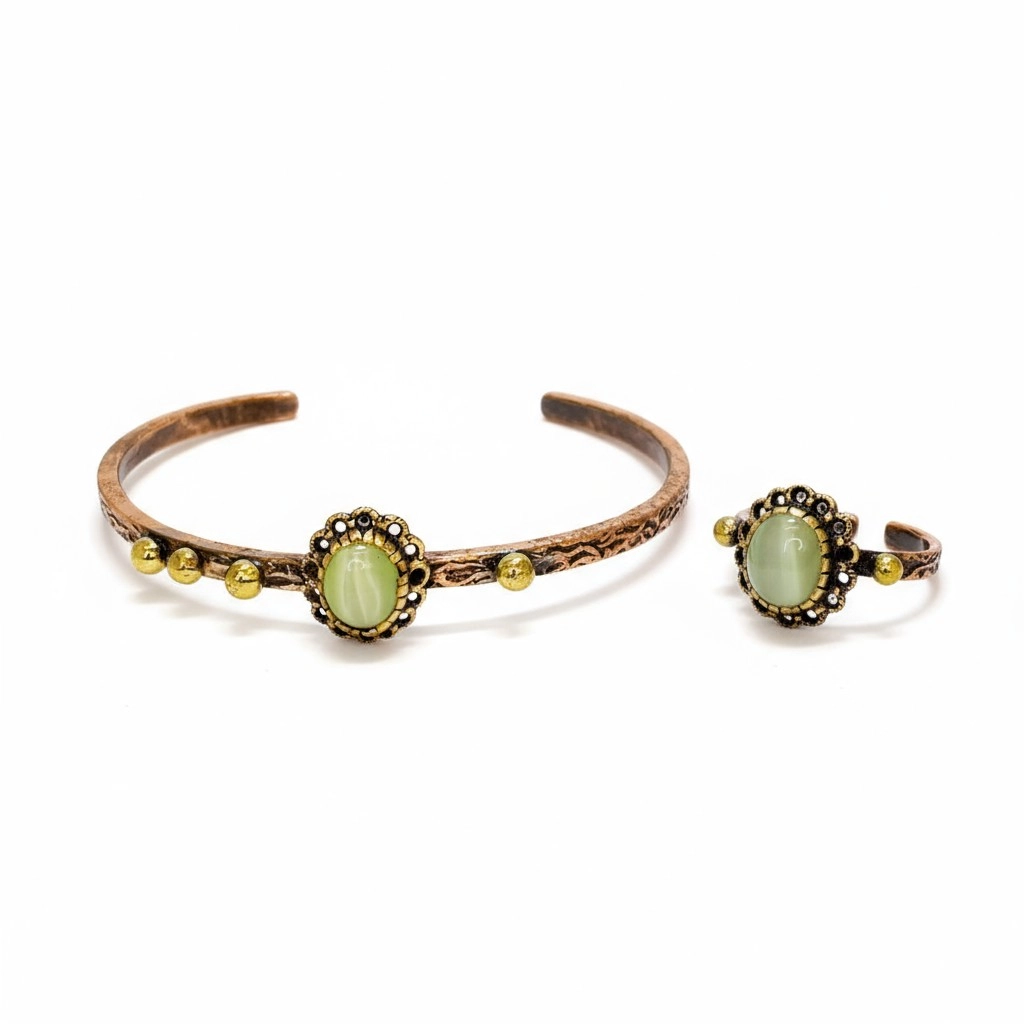 Yeşil Kedi Gözü Taşlı Bakır Bileklik ve Yüzük