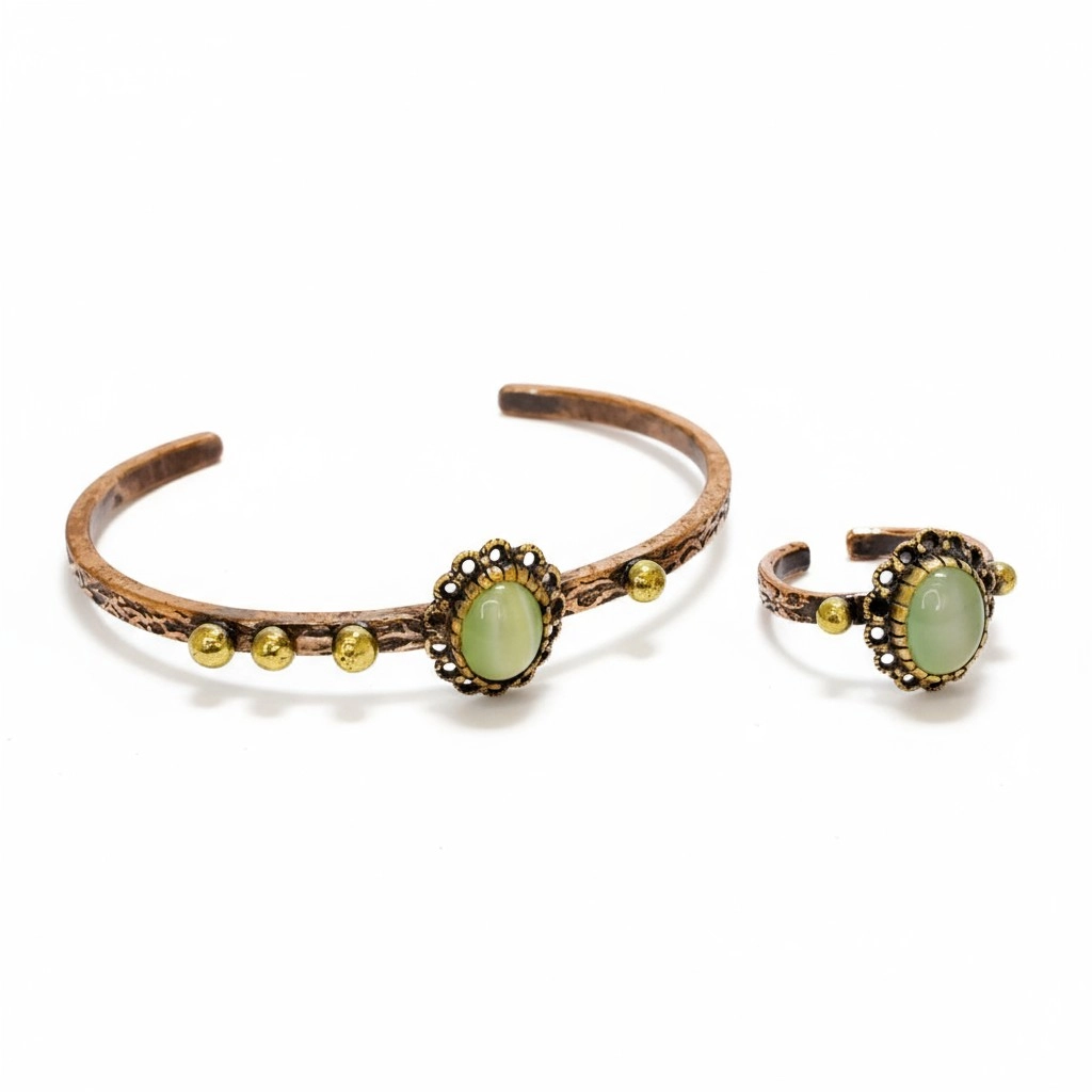 Yeşil Kedi Gözü Taşlı Bakır Bileklik ve Yüzük